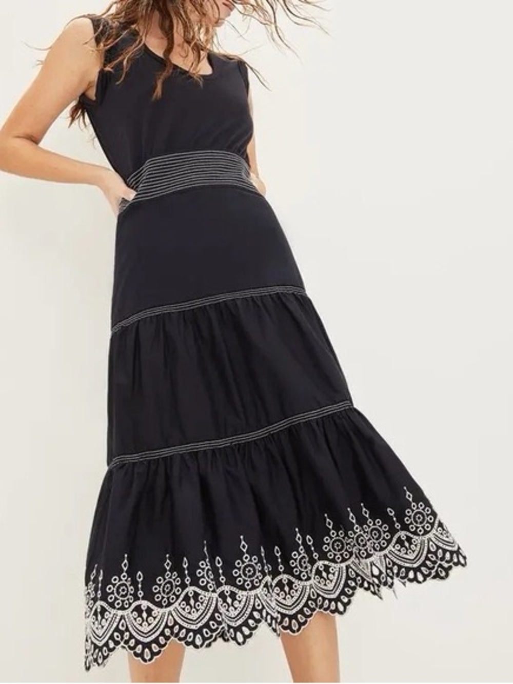 Veronica Beard Navy Blue & White Eyelet Sleeveless Amaia Midi Dress | S